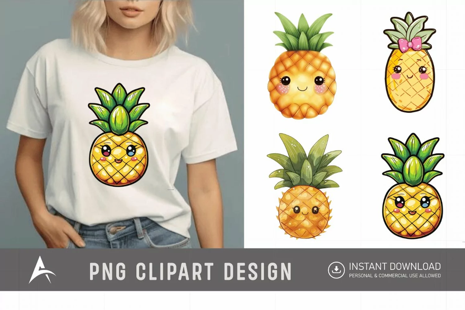 Watercolor Summer Kawaii Pineapple Clipart product image 1