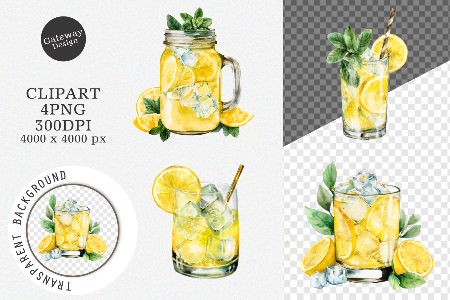 Watercolor Summer Lemon Glass Clipart product image 1