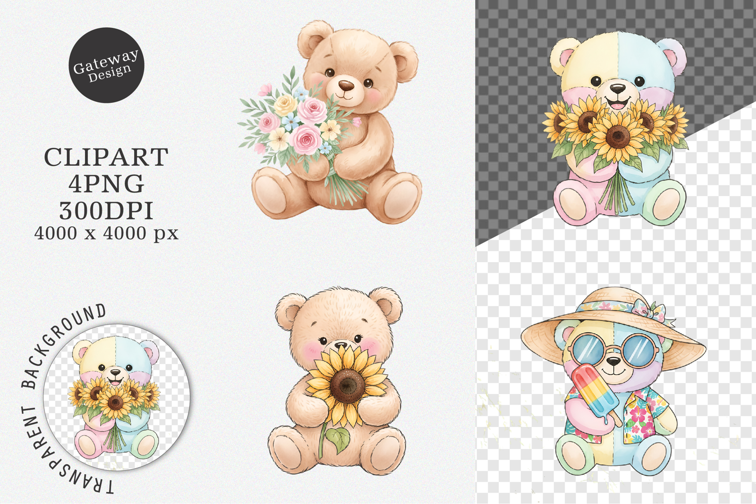 Watercolor Summer Teddy Bear Clipart product image 1