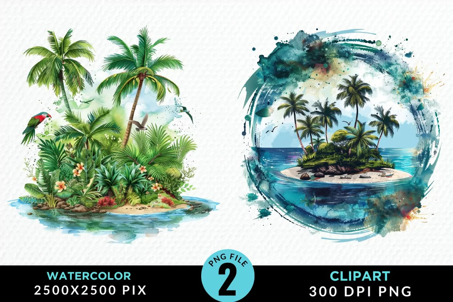 Watercolor Summer Tropical Island Clipart product image 1