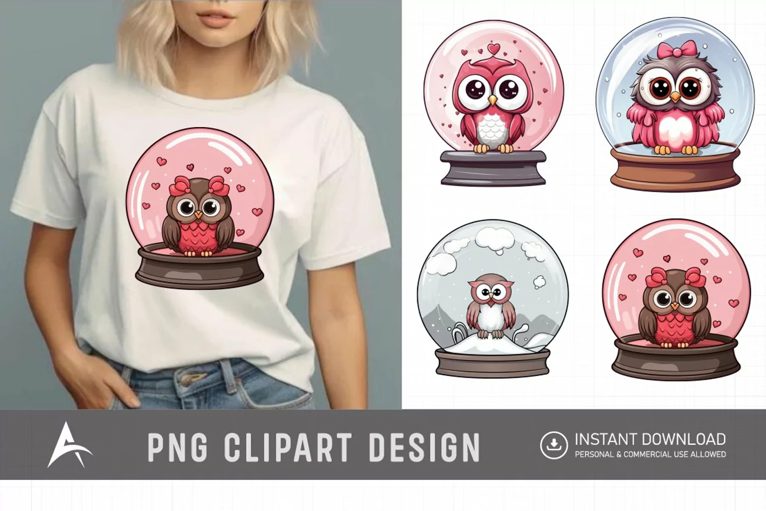 Watercolor Valentine's Owls in Water Globe Clipart product image 1