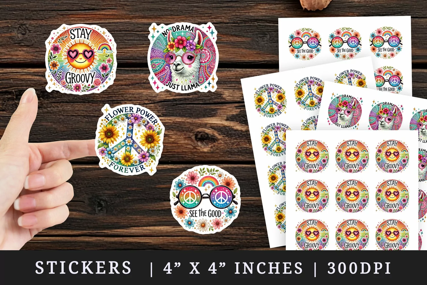 Watercolor sun with sunglasses llama peace sign sunflowers daisies Boho Hippie Retro quote print sticker sheet stickers printable sublimation design png