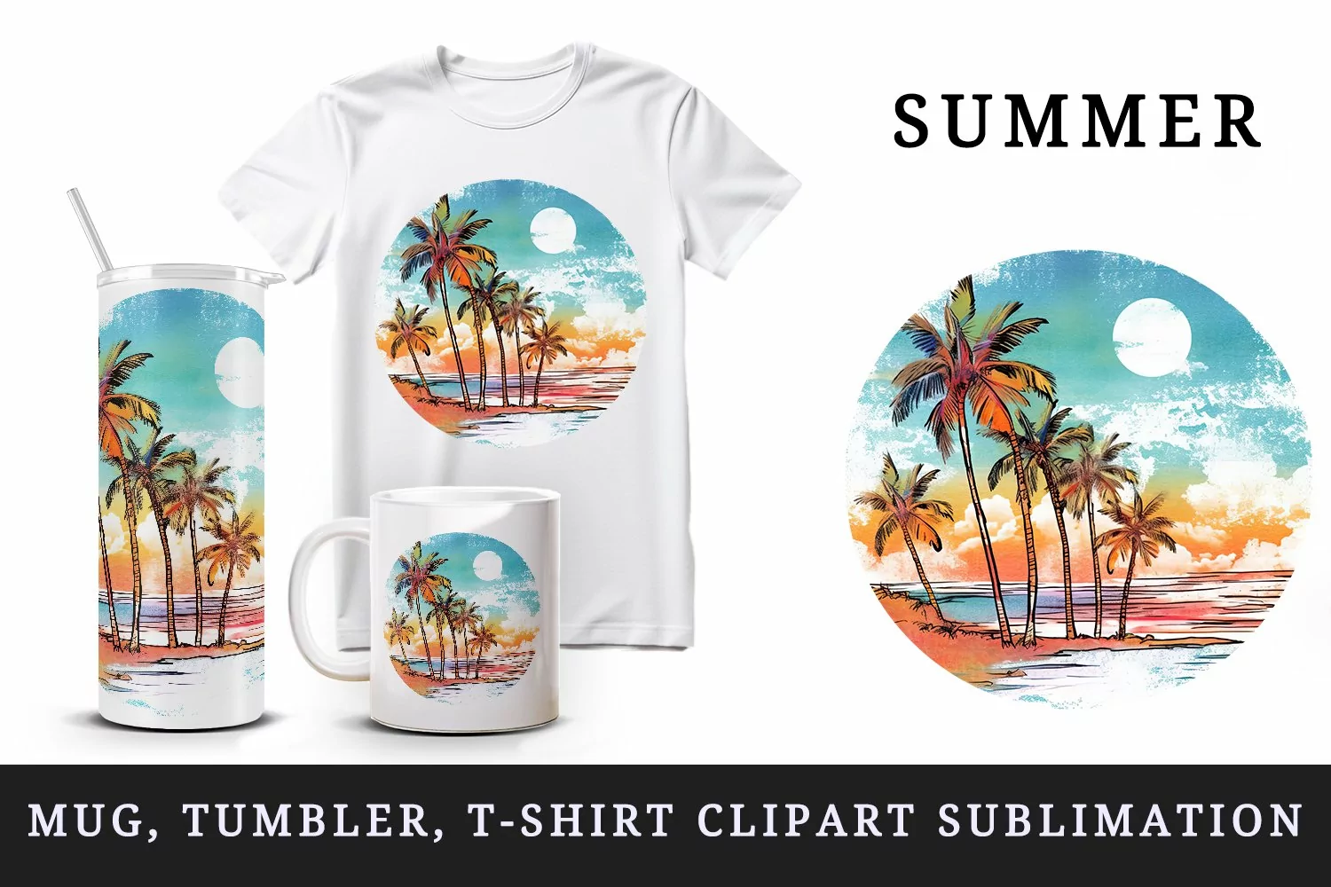 Watercolor sunset with palm trees by beach under full moon summer print 20 oz tumbler skinny mug wrap clipart t-shirt sublimation printable design