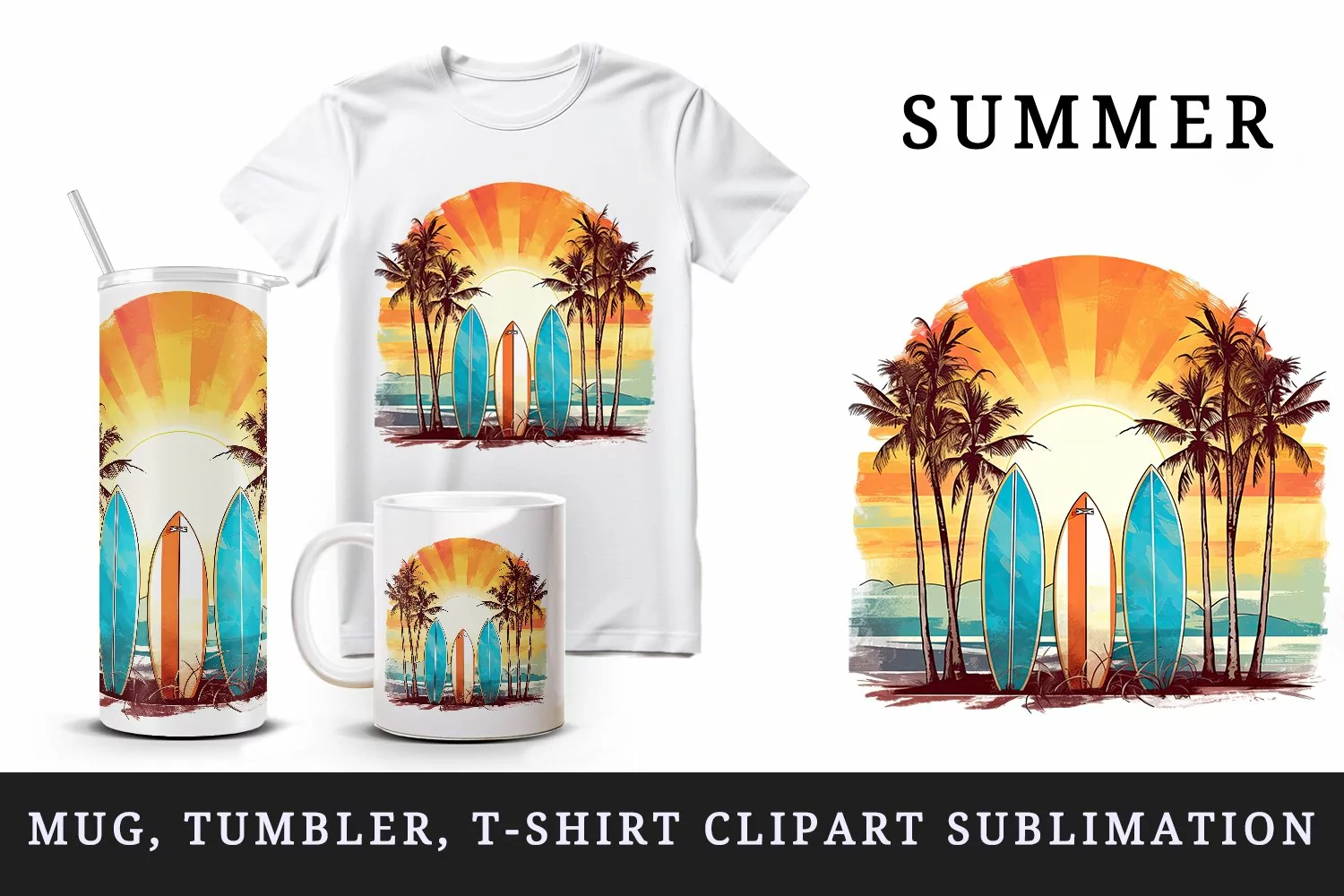 Watercolor surfboards sunset backdrop with palm trees ocean waves summer print tumbler skinny mug wrap clipart t-shirt sublimation printable design