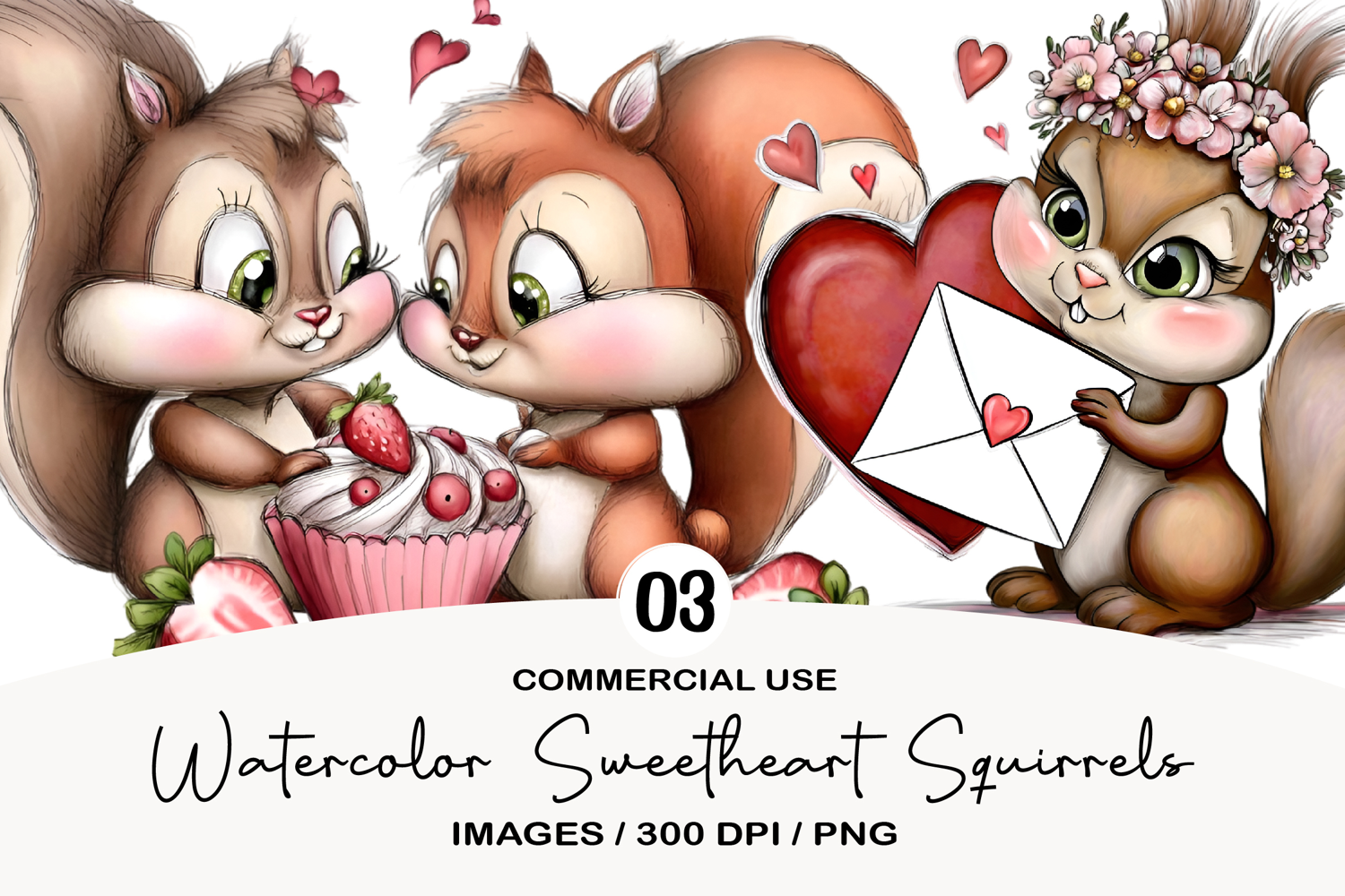 Watercolor Sweetheart Squirrels Clipart product image 1