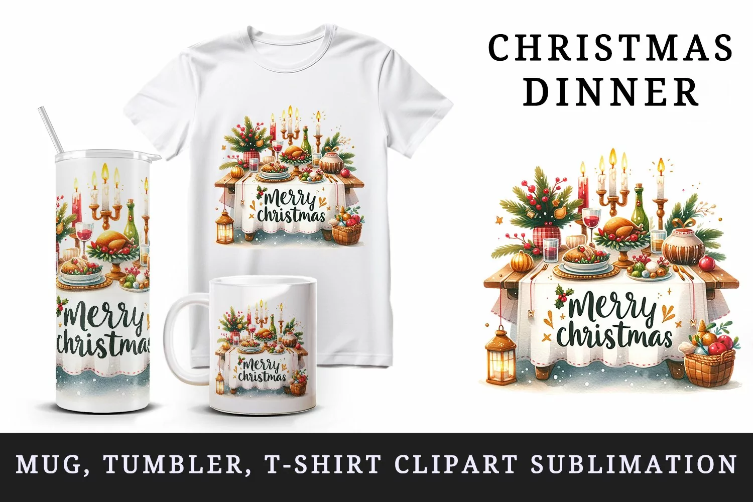 Watercolor table set dinner decorations Merry Christmas quote print 20 oz tumbler skinny mug wrap clipart t-shirt sublimation printable design