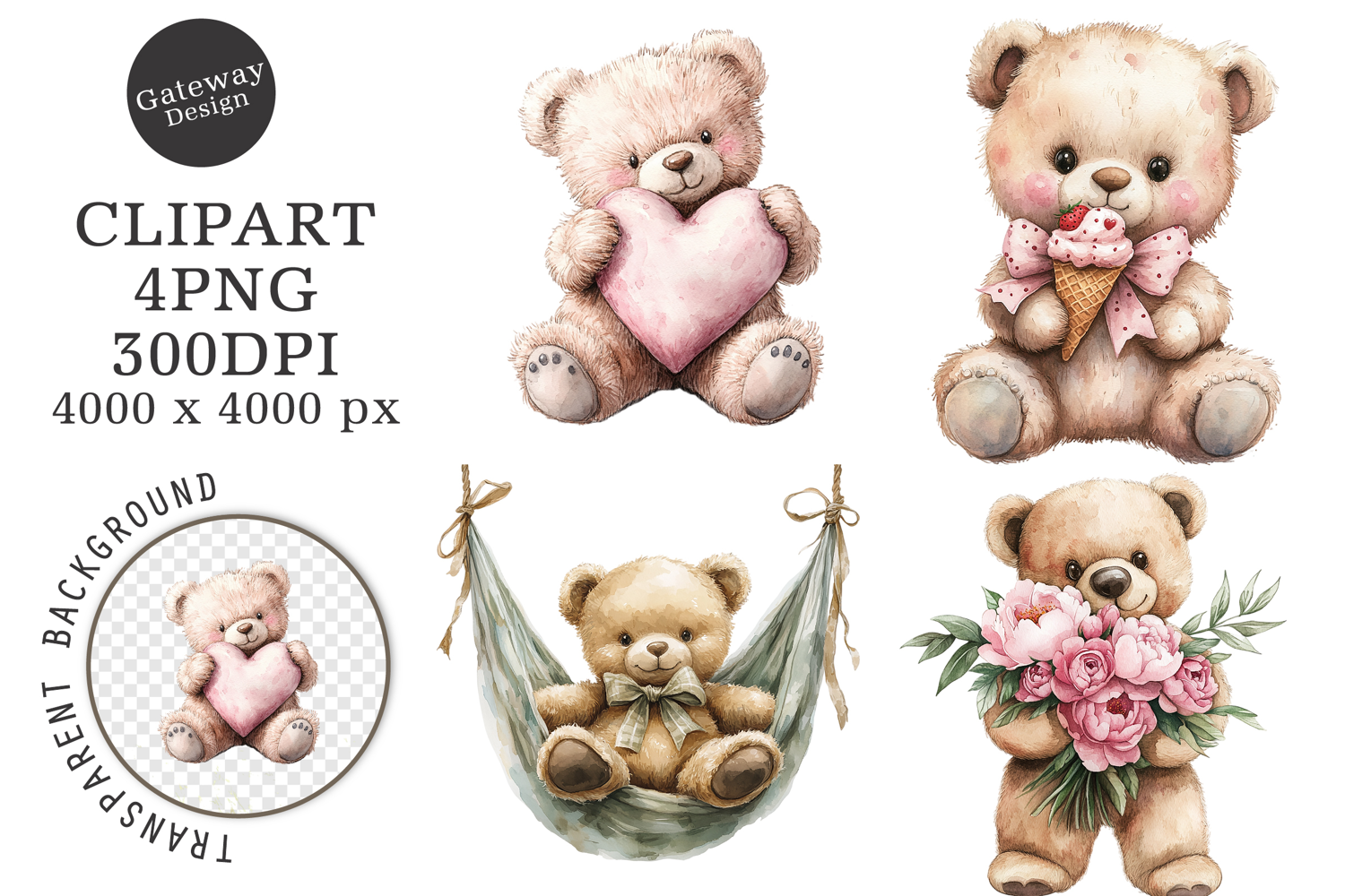 Watercolor Teddy Bear Clipart product image 1