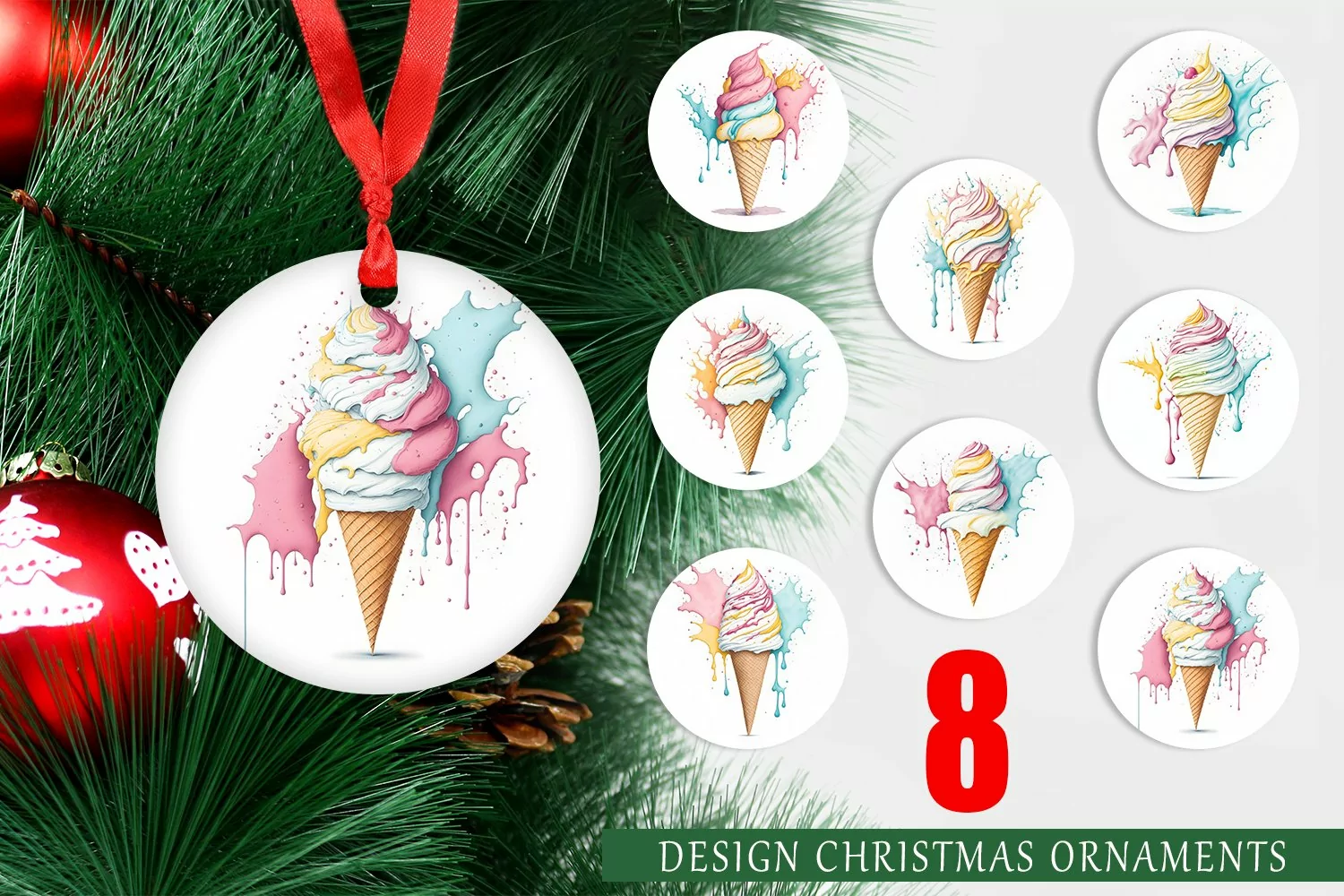 Watercolor Ice Cream Christmas Ornaments product image 1