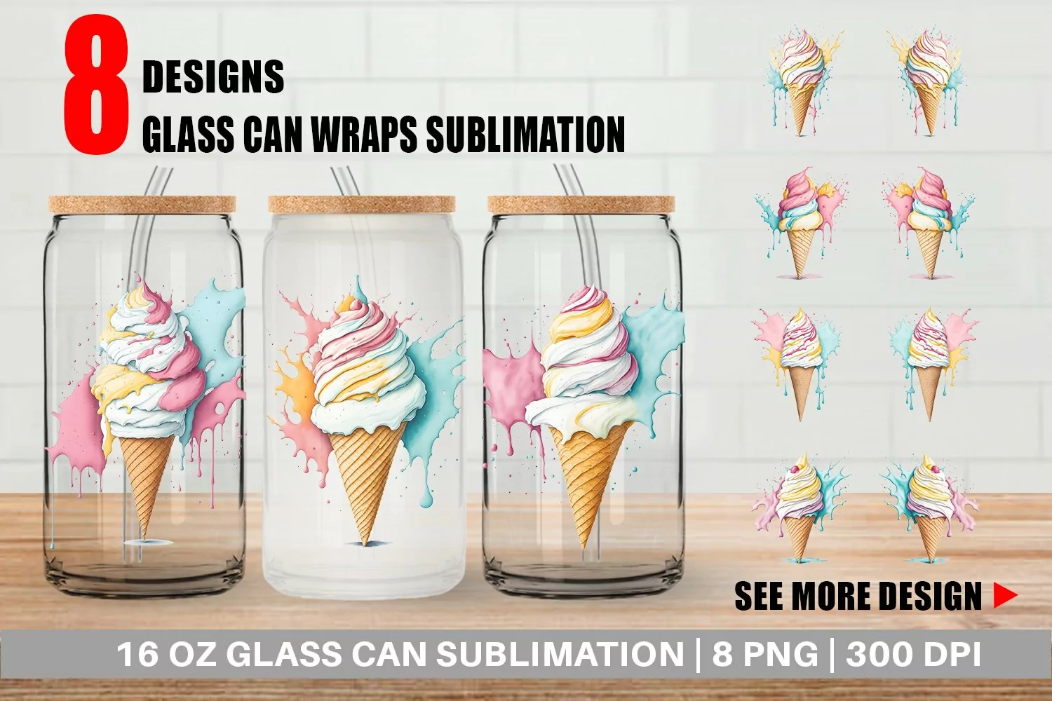 Watercolor Ice Cream Glass Can Wraps product image 1