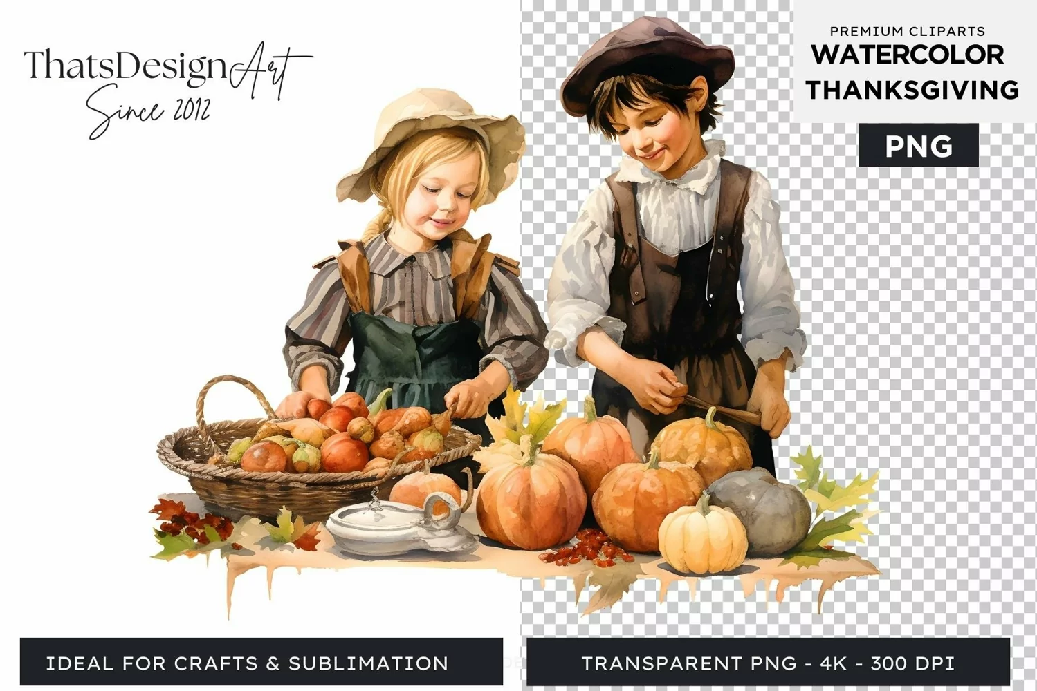 Traditional Thanksgiving kids Watercolor Clipart product image 1