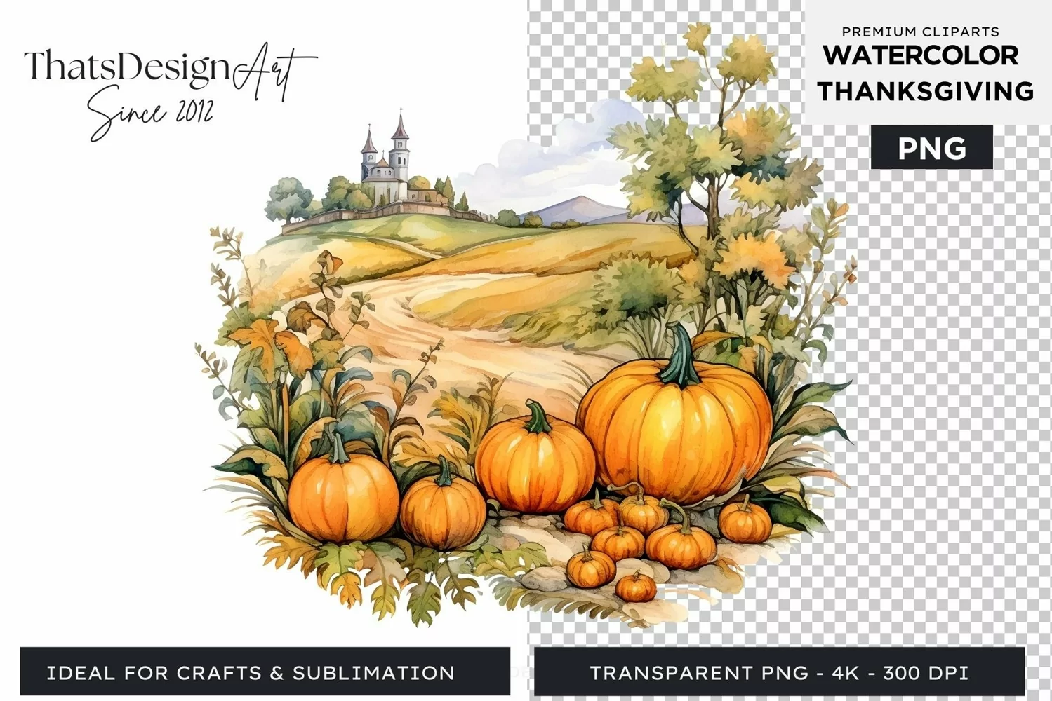 Traditional Thanksgiving Pumpkins Watercolor Clipart product image 1