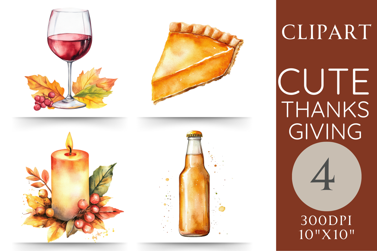 Thanksgiving watercolor clipart set featuring wine glass, pumpkin pie, candle with autumn leaves, and beer or cider bottle, 4 PNG illustrations