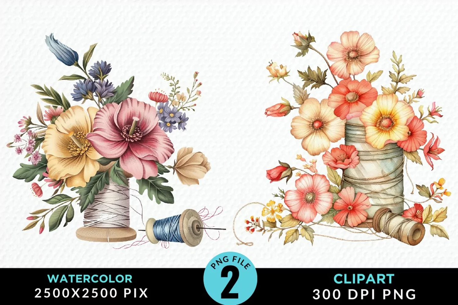 Watercolor Thread Spools Flowers PNG Clipart product image 1