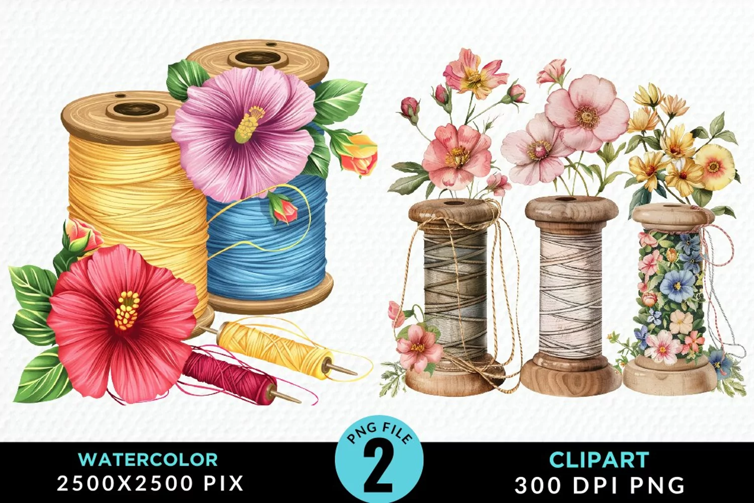 Watercolor Thread Spools Flowers Fun Clipart product image 1