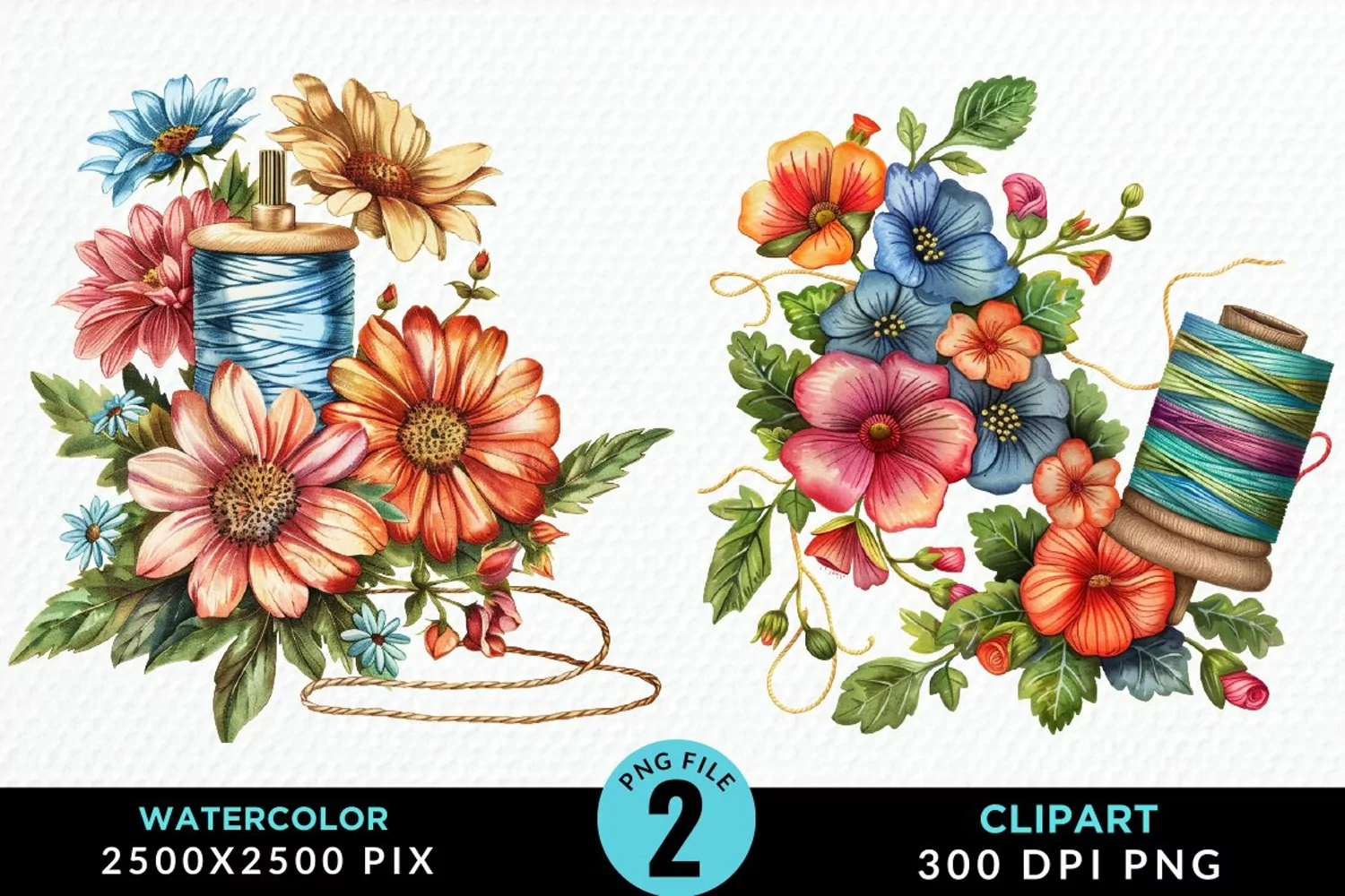 Watercolor Thread Spools Flowers Fun Clipart product image 1