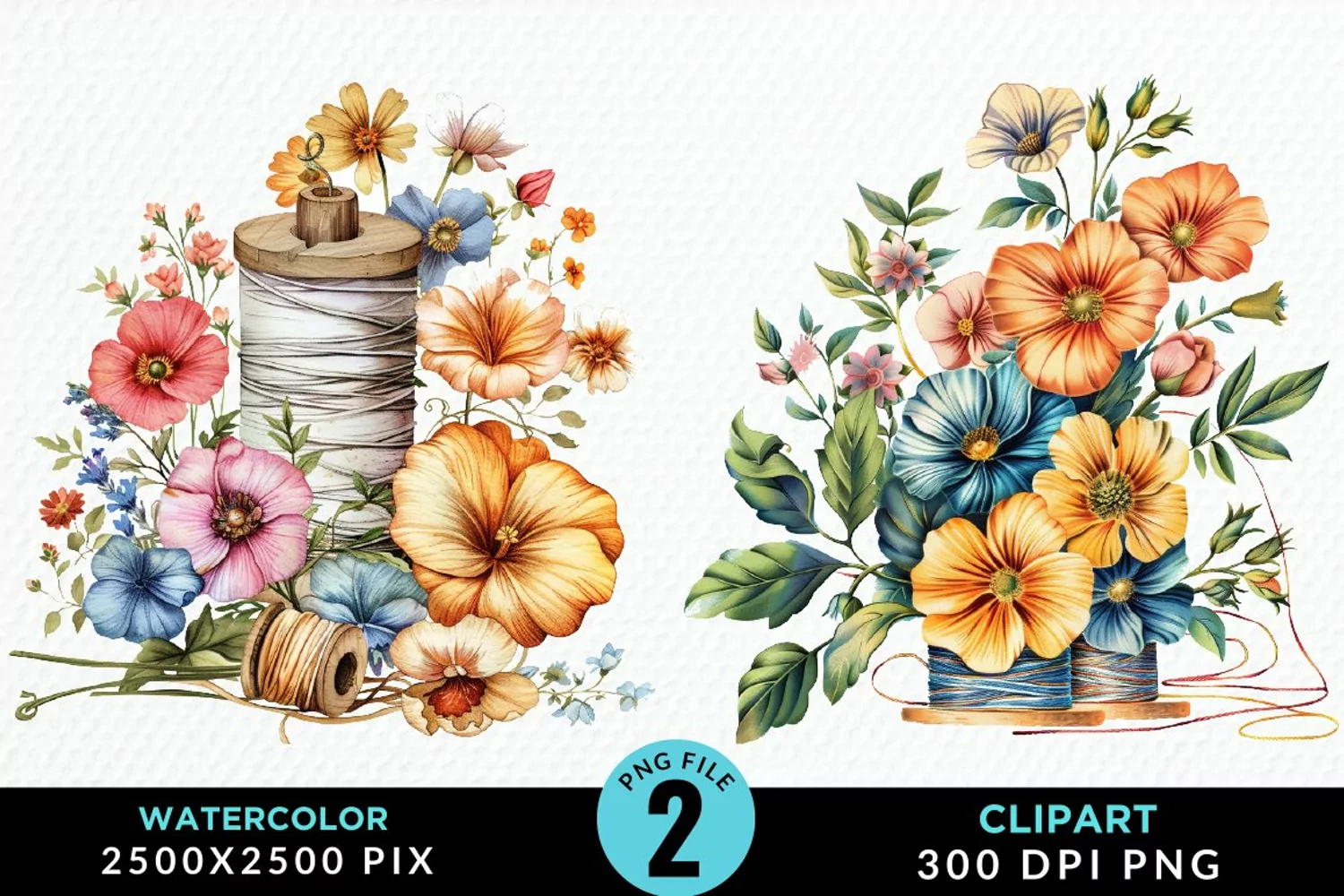 Watercolor Thread Spools Flowers Fun Clipart product image 1