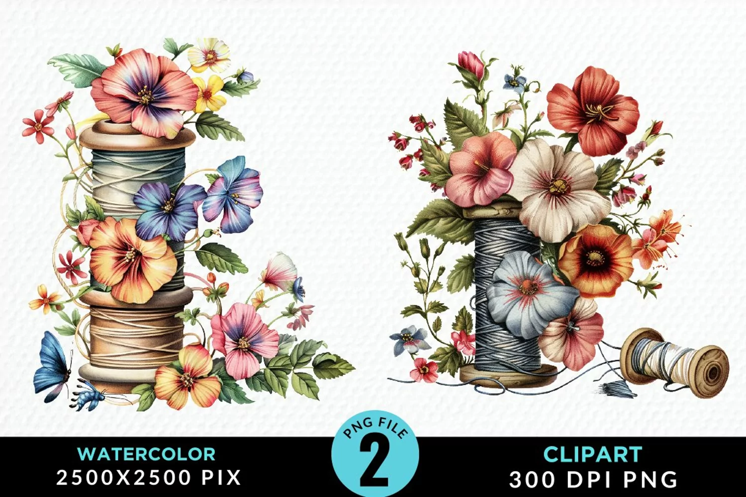 Watercolor Thread Spools Flowers Fun Clipart product image 1