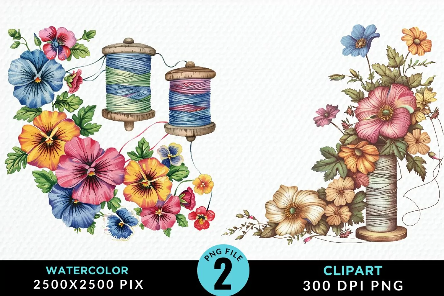 Watercolor Thread Spools Flowers PNG Clipart product image 1