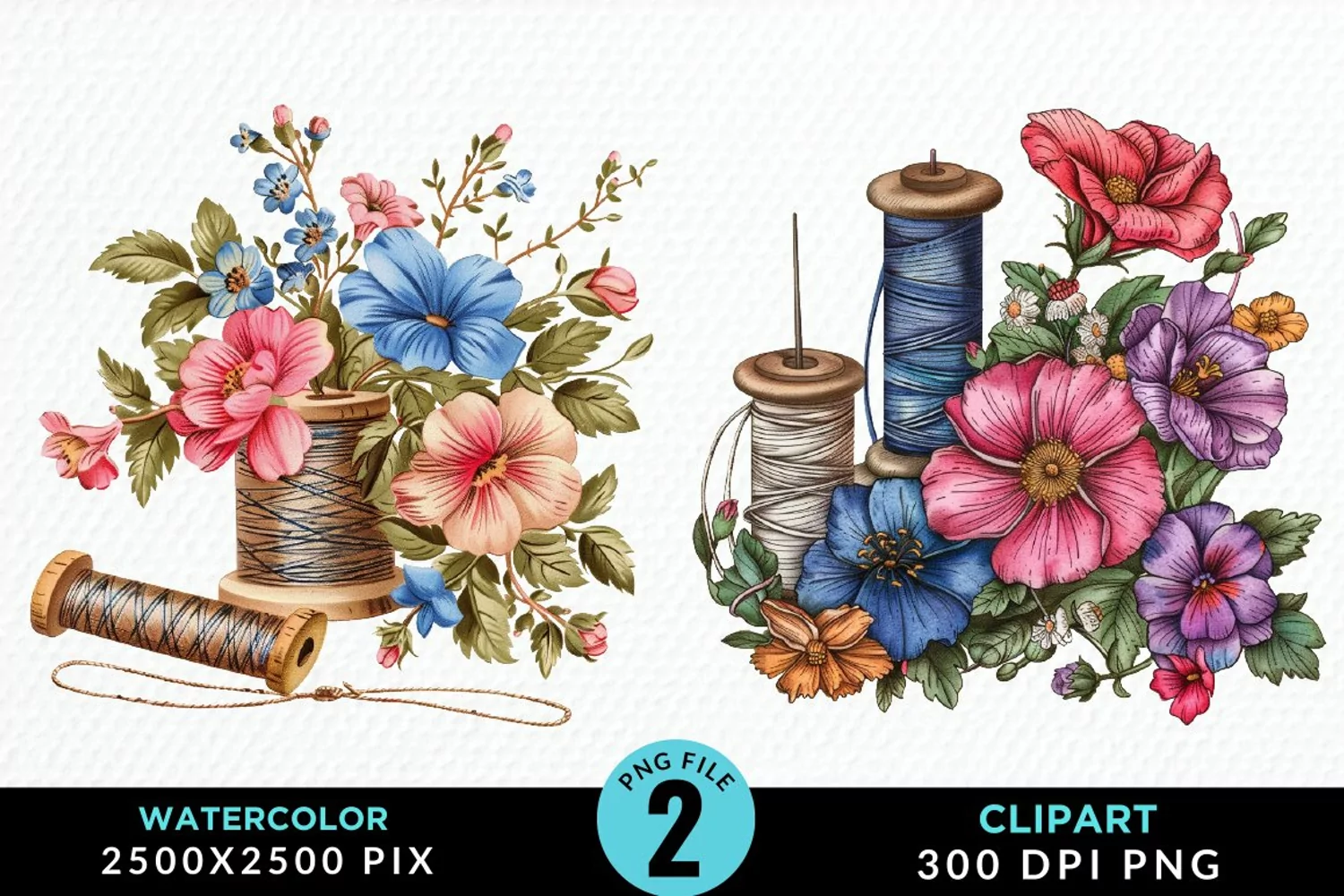 Watercolor Thread Spools Flowers PNG Clipart product image 1