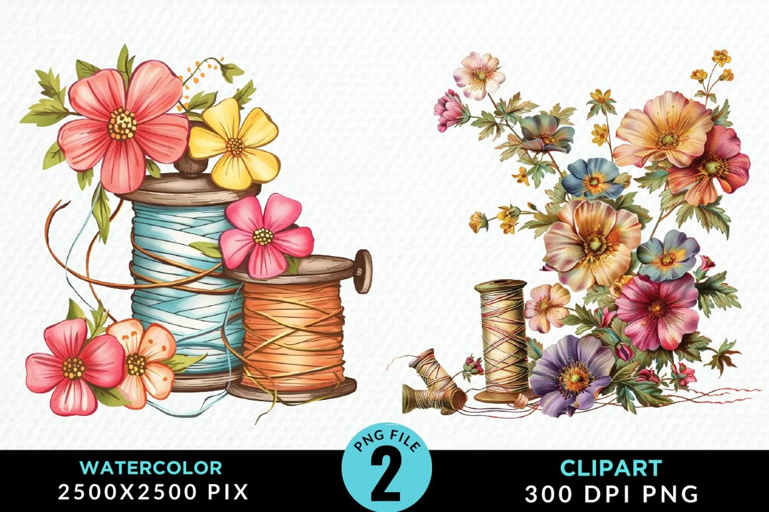 Watercolor Thread Spools Flowers Fun Clipart product image 1