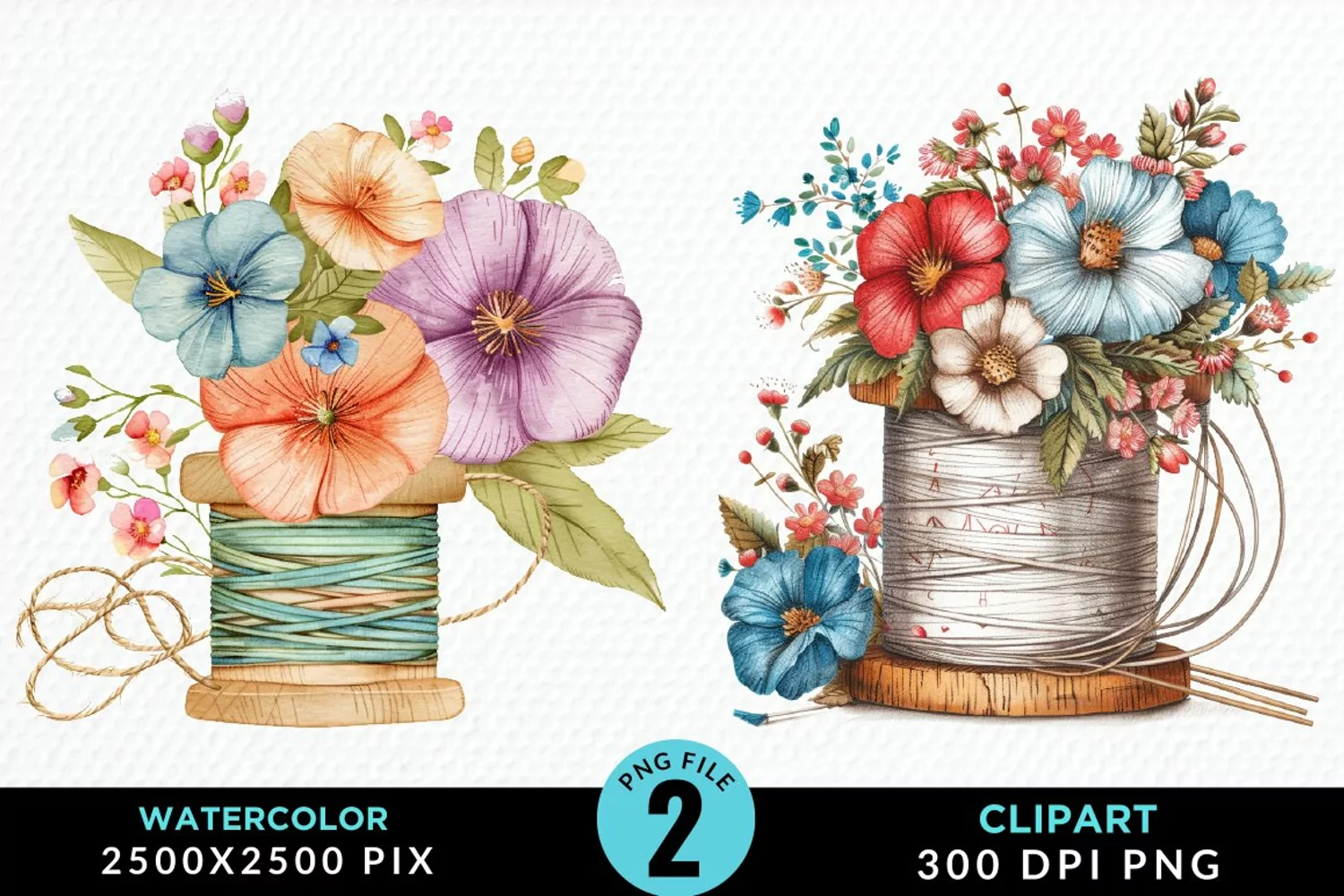 Watercolor Thread Spools Flowers Fun Clipart product image 1