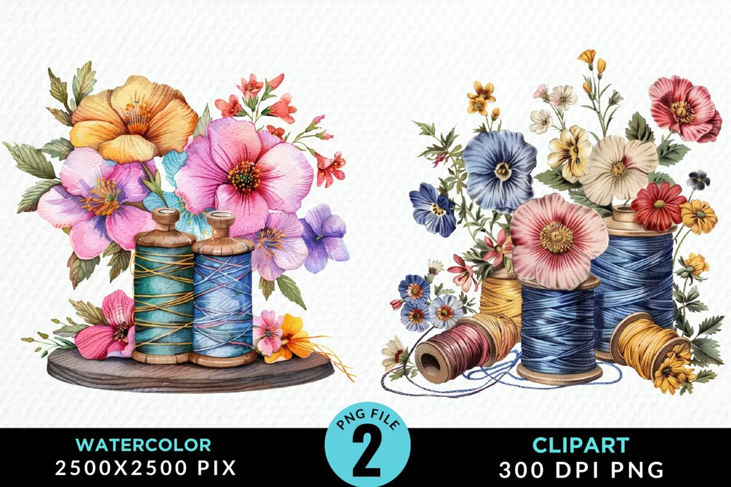 Watercolor Thread Spools Flowers Fun Clipart product image 1