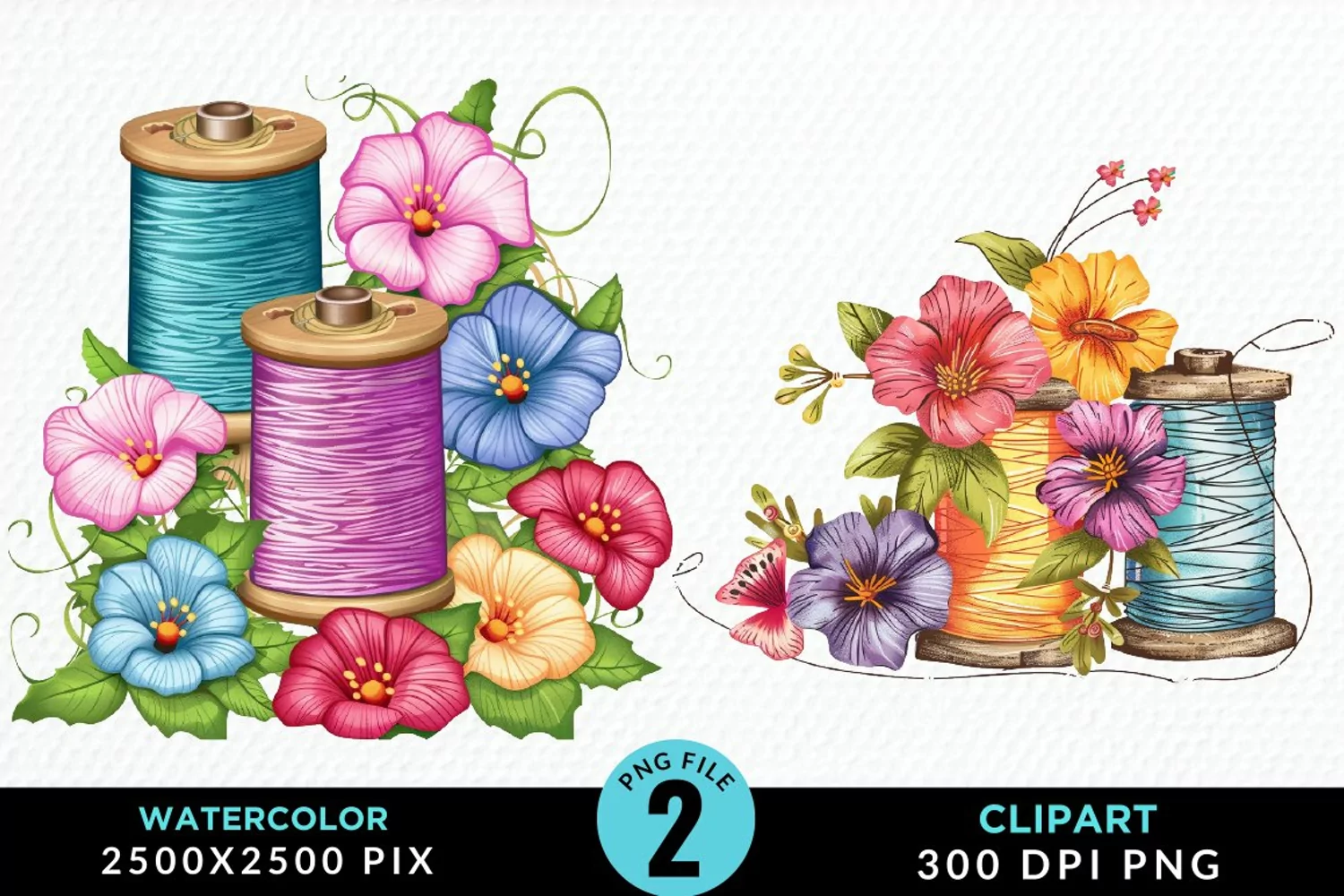Watercolor Thread Spools Flowers Fun Clipart product image 1