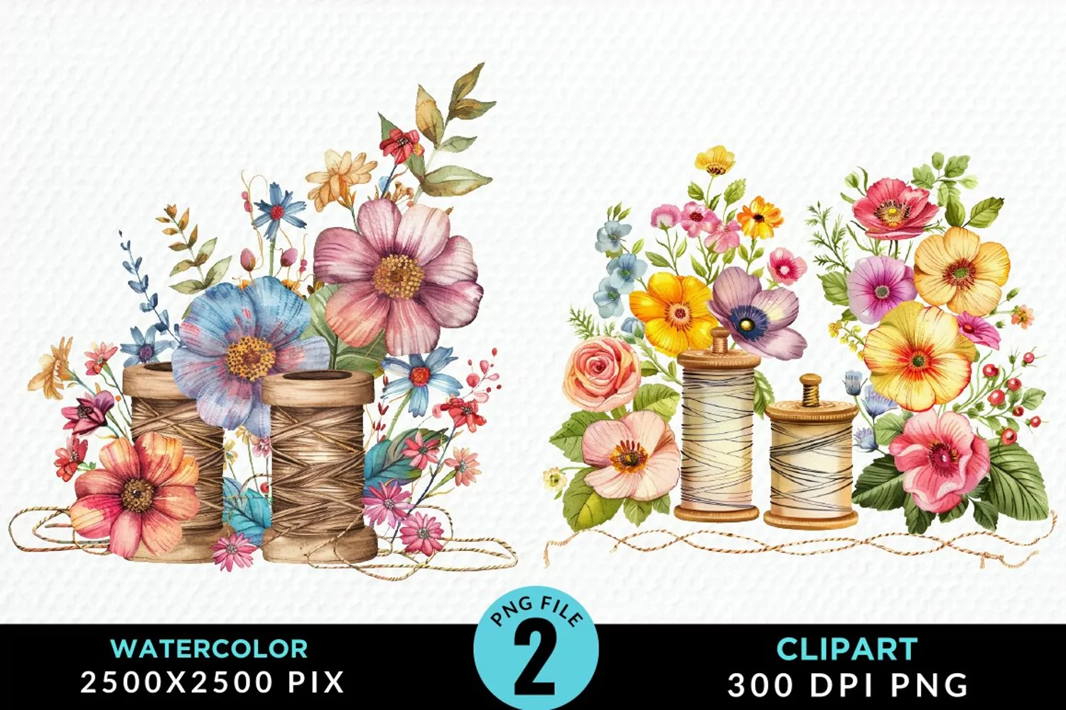 Watercolor Thread Spools Flowers PNG Clipart product image 1