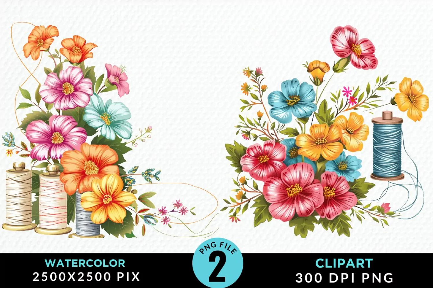 Watercolor Thread Spools Flowers Fun Clipart product image 1