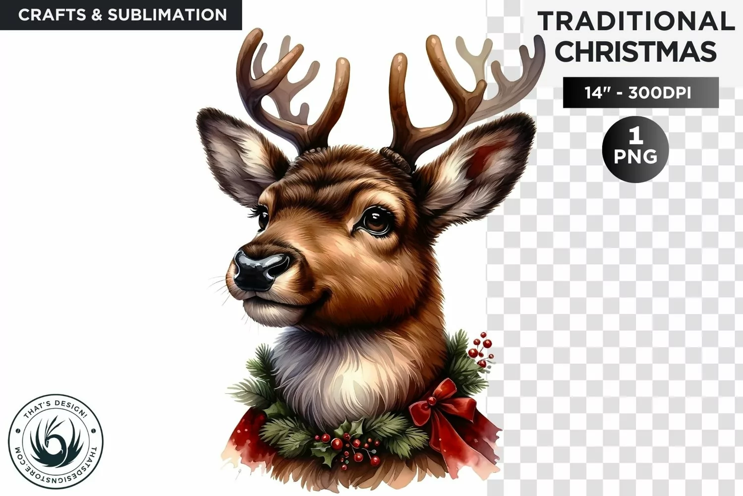 Watercolor Christmas Reindeer Clipart PNG product image 1