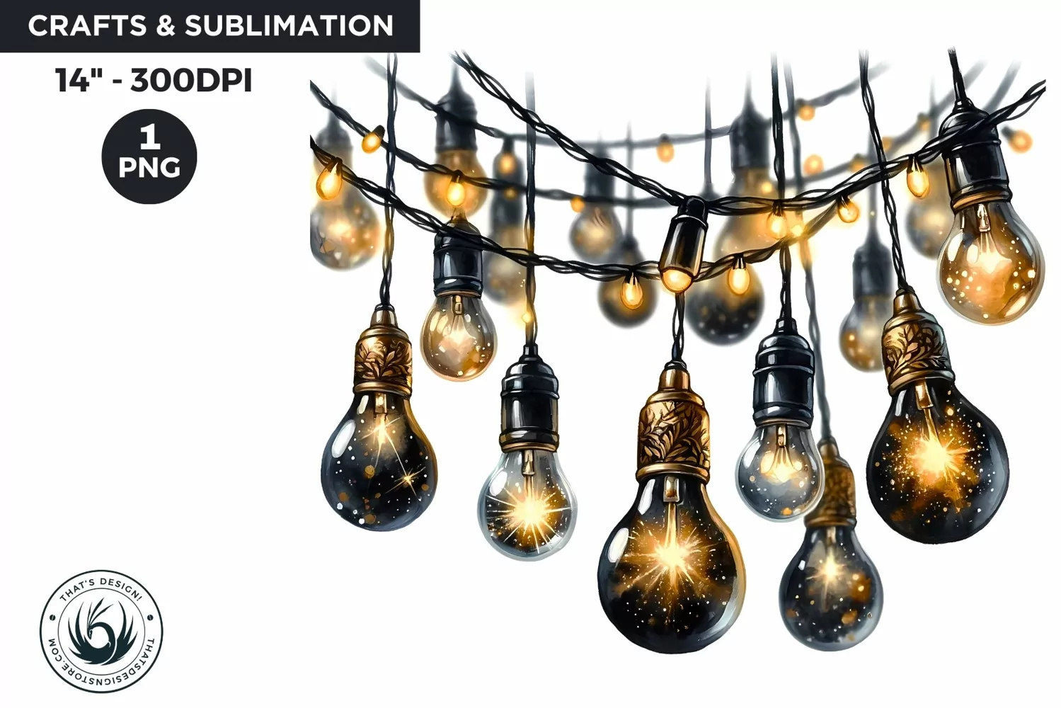 Watercolor Black & Gold twinkling lights New Year Clipart product image 1