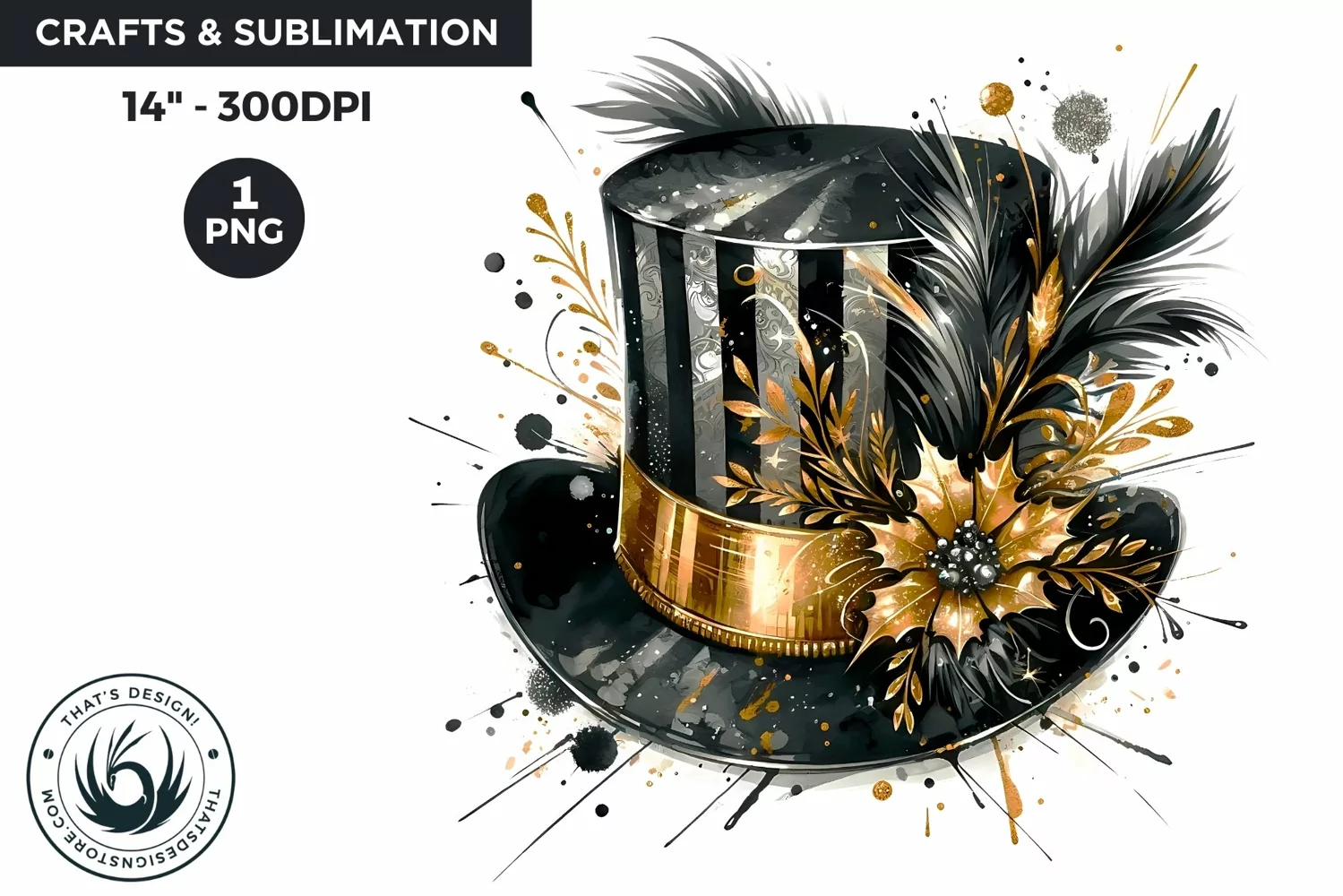 Watercolor Black & Gold Party Hat New Year Clipart product image 1