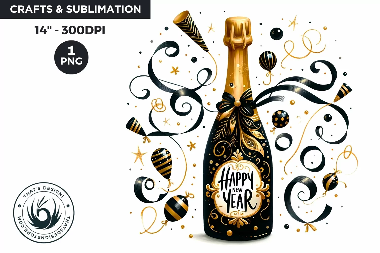 Watercolor Black & Gold Champagne Happy New Year Clipart product image 1