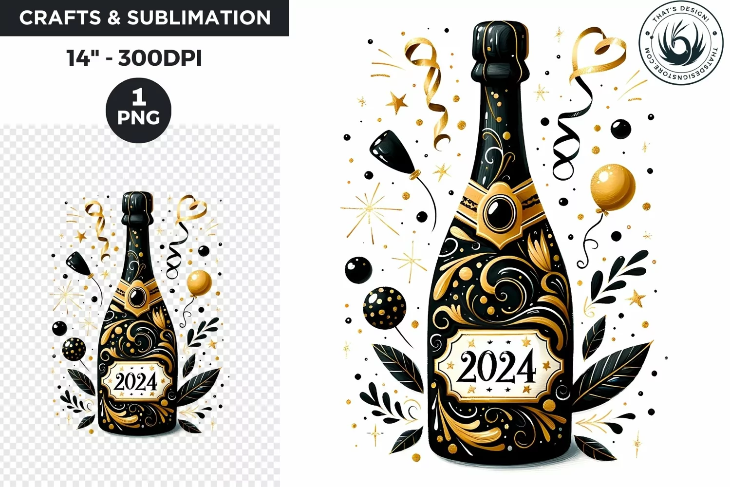 Watercolor Black & Gold Champagne Happy New Year Clipart product image 1
