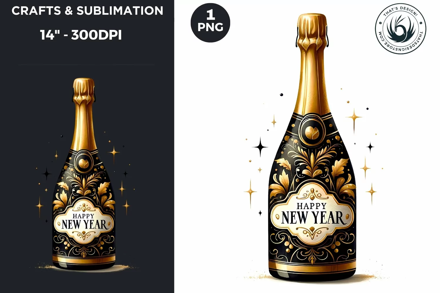 Watercolor Black & Gold Champagne Happy New Year Clipart product image 1