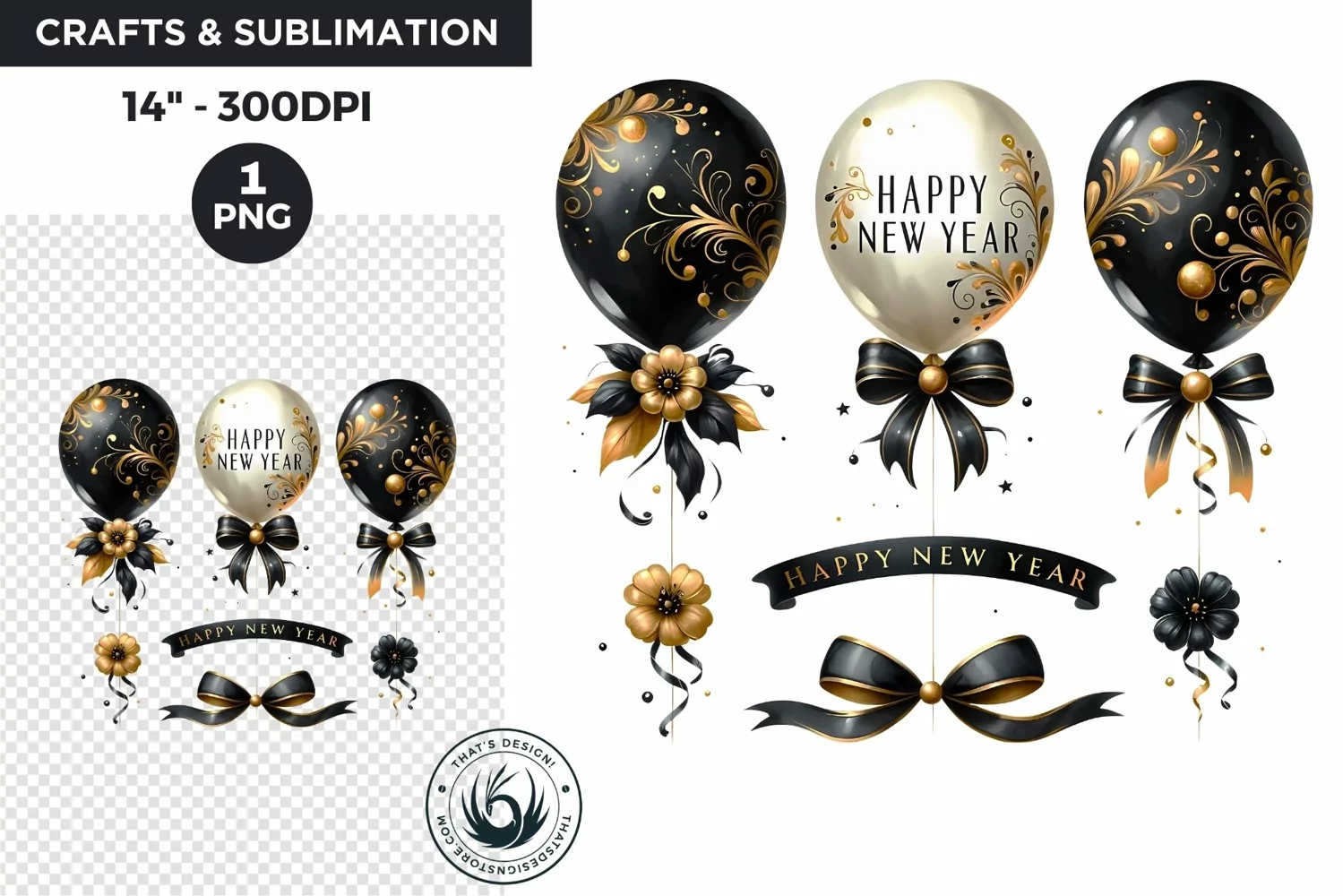 Watercolor Black & Gold balloons happy New Year Clipa product image 1
