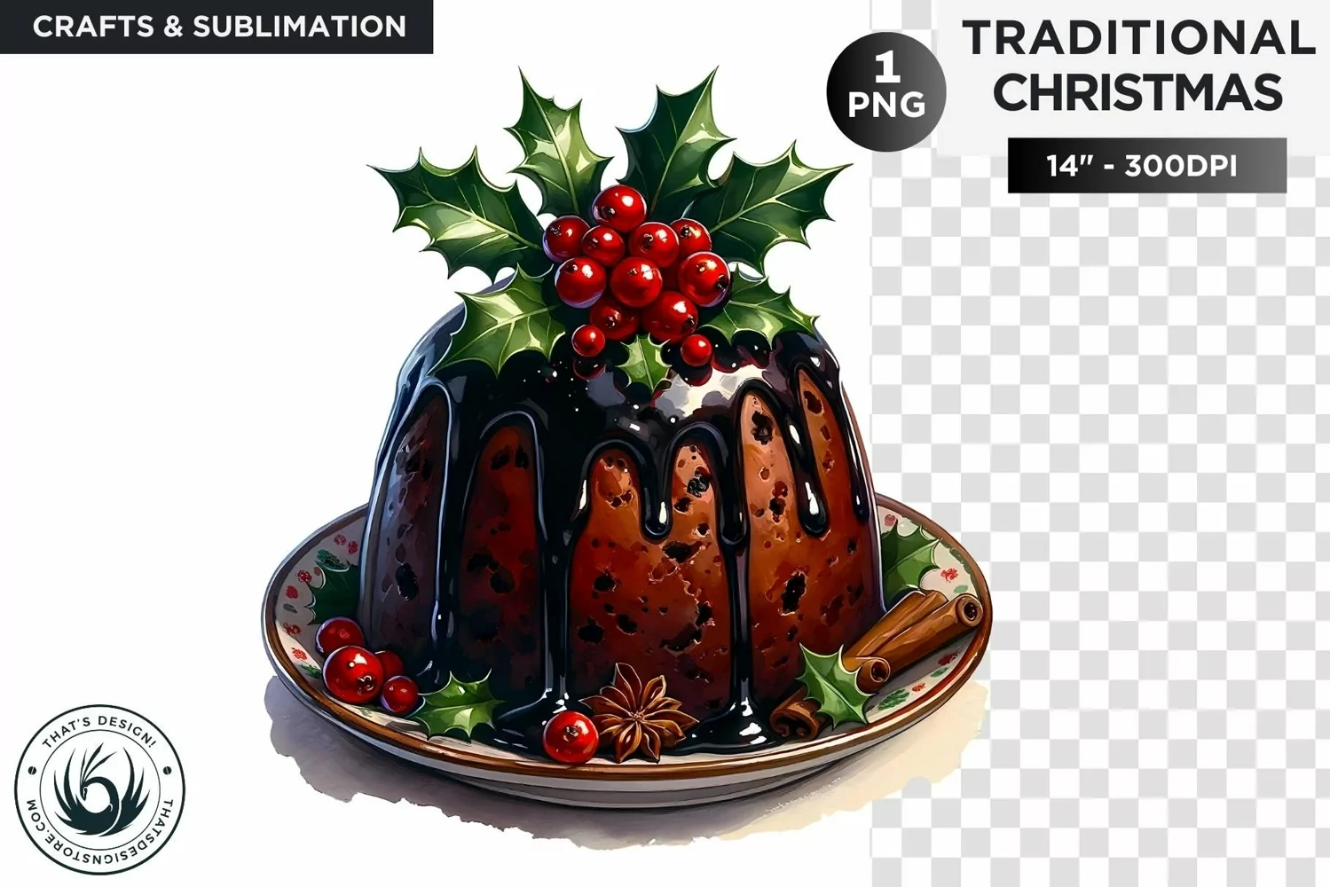 Watercolor Christmas pudding Clipart PNG product image 1