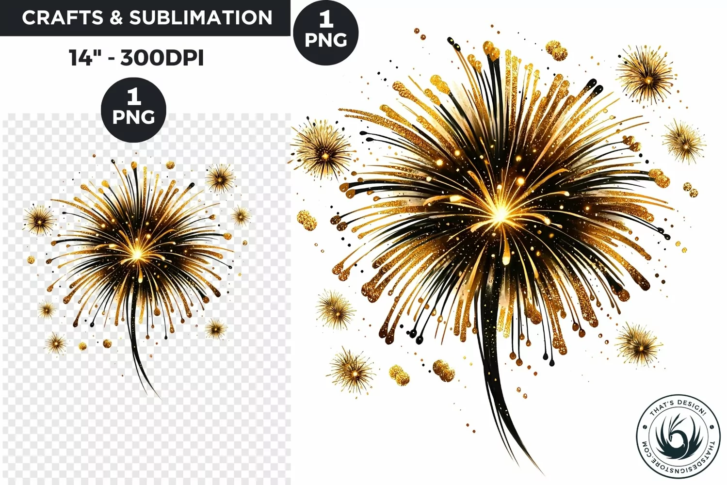 Watercolor Black & Gold Fireworks New Year Clipart product image 1