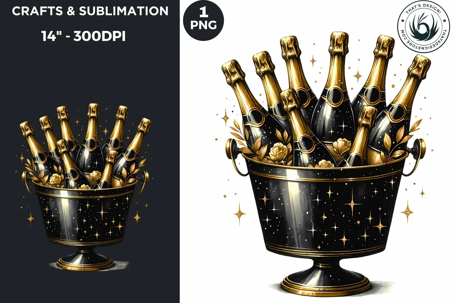 Watercolor Black & Gold Champagne New Year Clipart product image 1