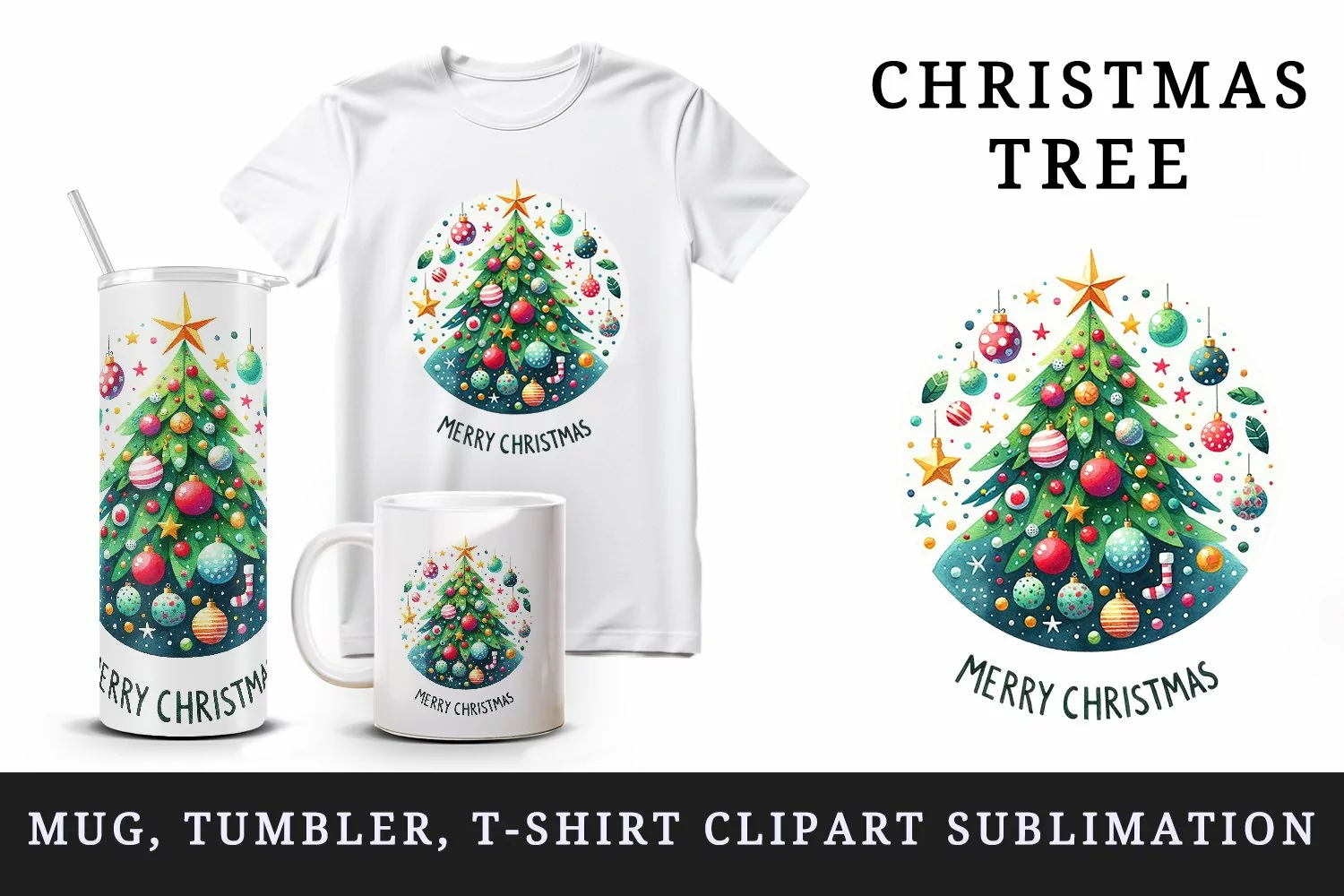 Watercolor tree baubles ornaments star Merry Christmas quote print 20 oz tumbler skinny mug wrap clipart t-shirt sublimation printable design