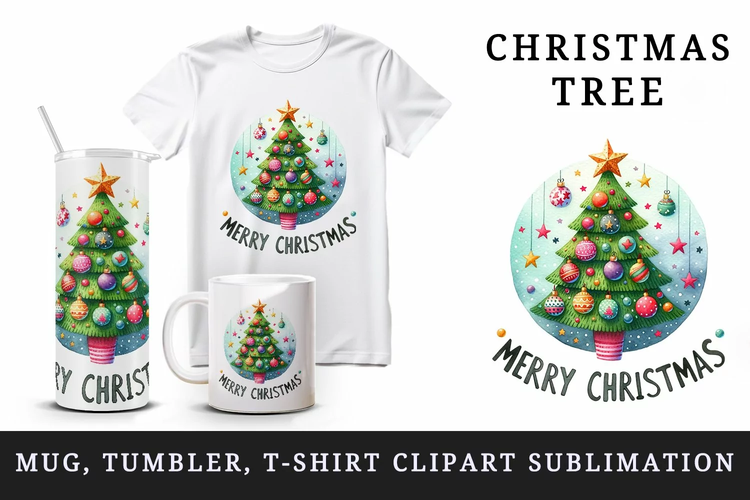 Watercolor tree colorful ornaments star Merry Christmas quote print 20 oz tumbler skinny mug wrap clipart t-shirt sublimation printable design