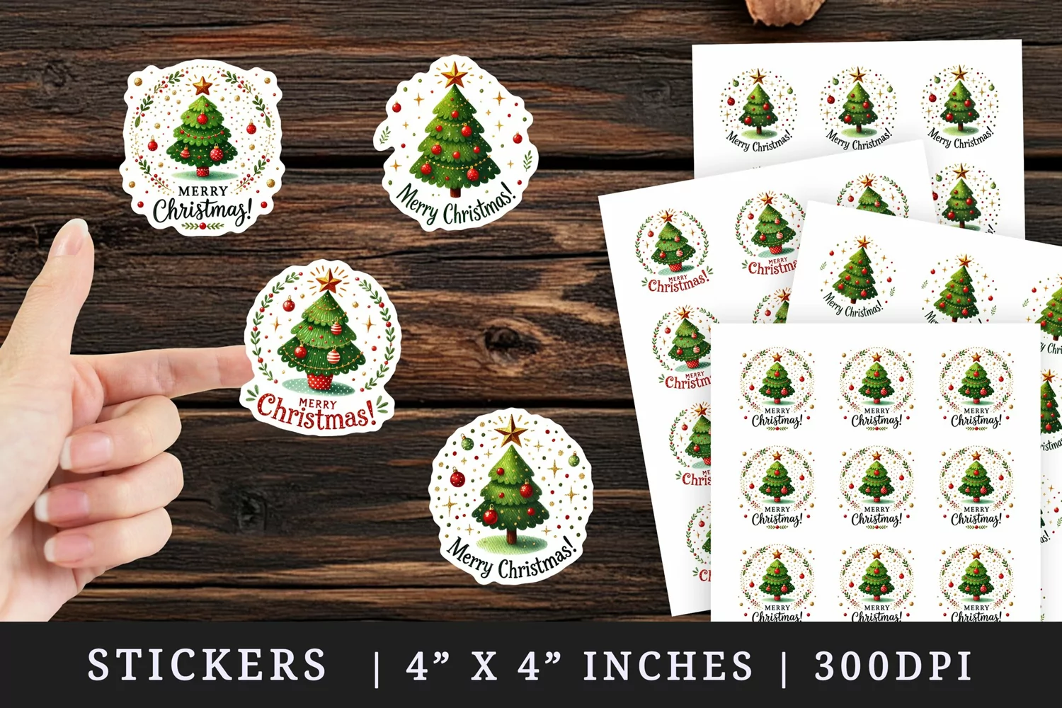 Watercolor tree decorated red ornaments gold star Merry Christmas quote New Year winter print sticker sheet stickers printable sublimation design png
