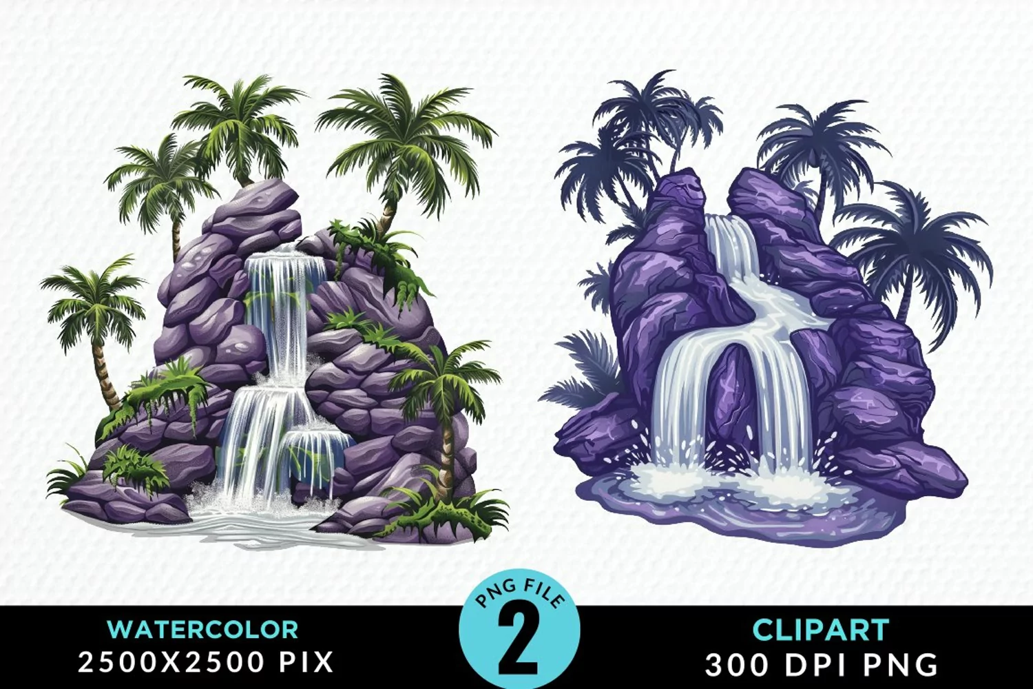 Watercolor Tropical Waterfalls Graphic Clipart product image 1