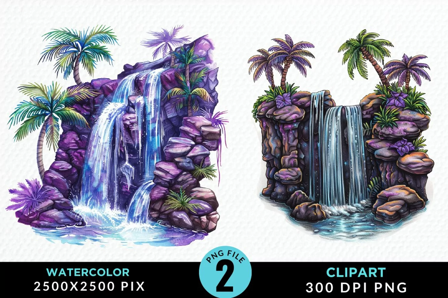 Watercolor Tropical Waterfalls Graphic Clipart product image 1