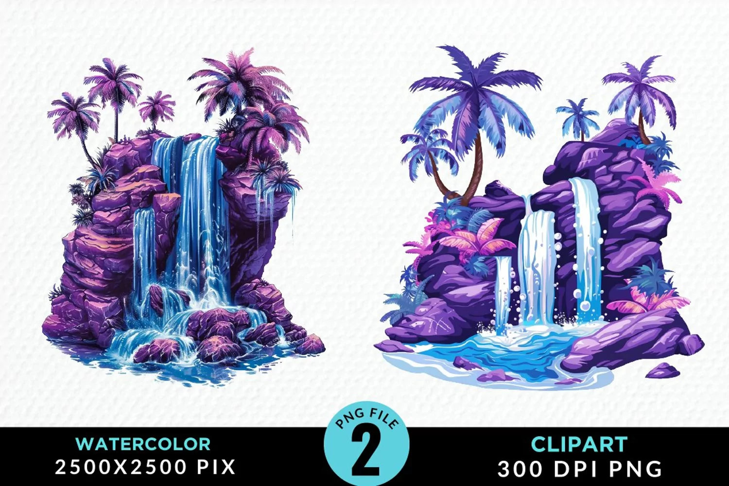 Watercolor Tropical Waterfalls Graphic Clipart product image 1