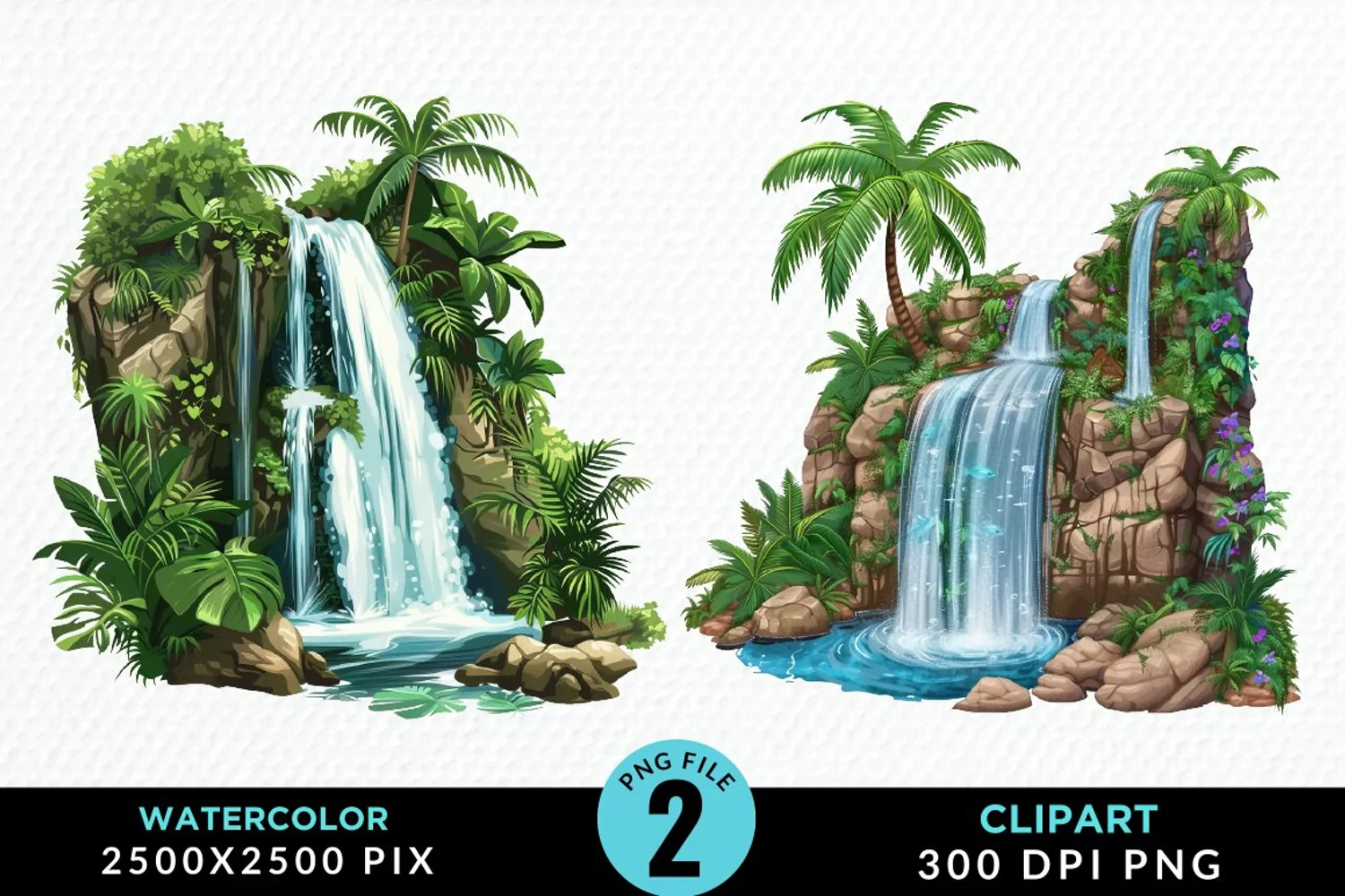 Watercolor Tropical Waterfalls Graphic Clipart product image 1
