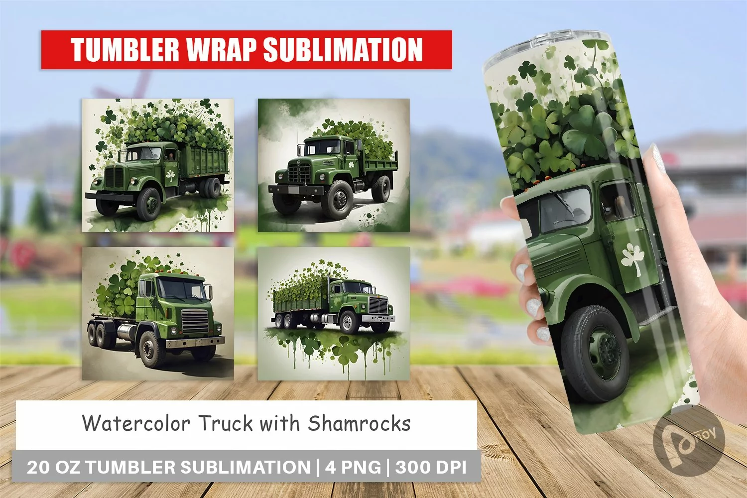 Tumbler Wrap Watercolor Truck Shamrocks product image 1