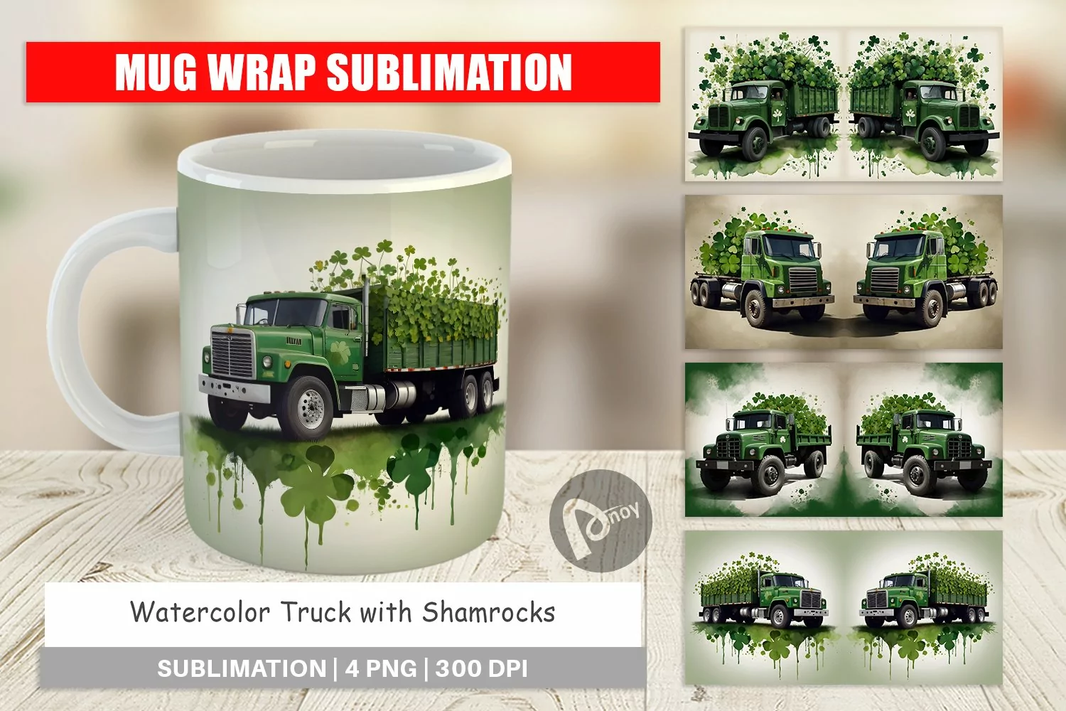 Mug Wrap Design Watercolor Truck Shamrocks product image 1