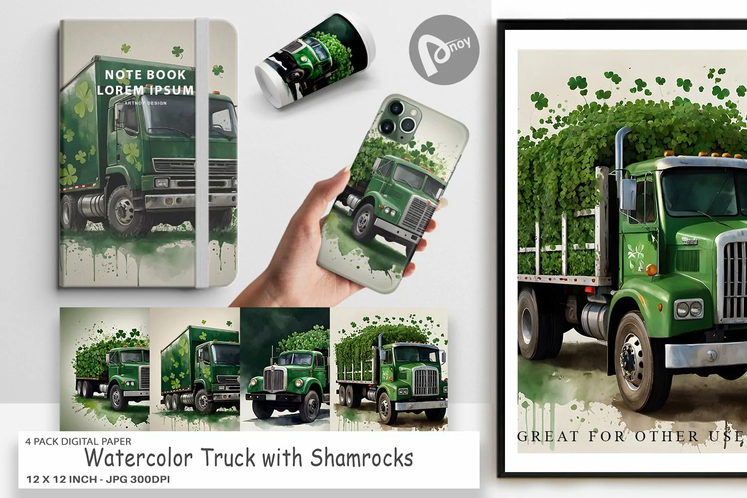 Digital Paper Watercolor Truck Shamrocks product image 1