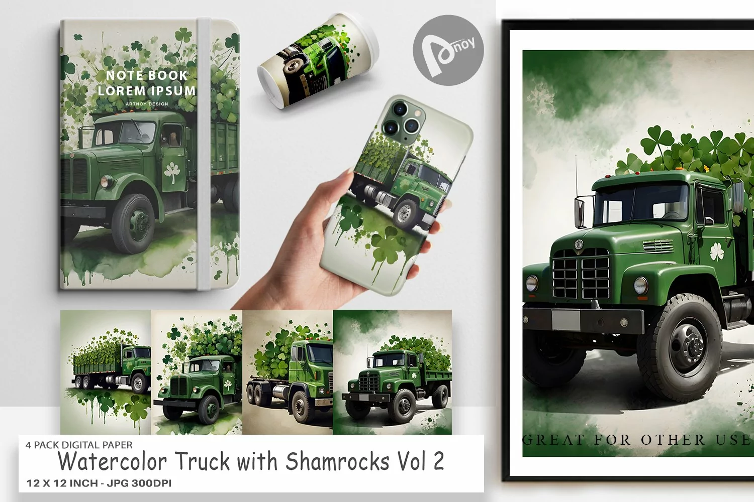 Digital Paper Watercolor Truck Shamrocks product image 1